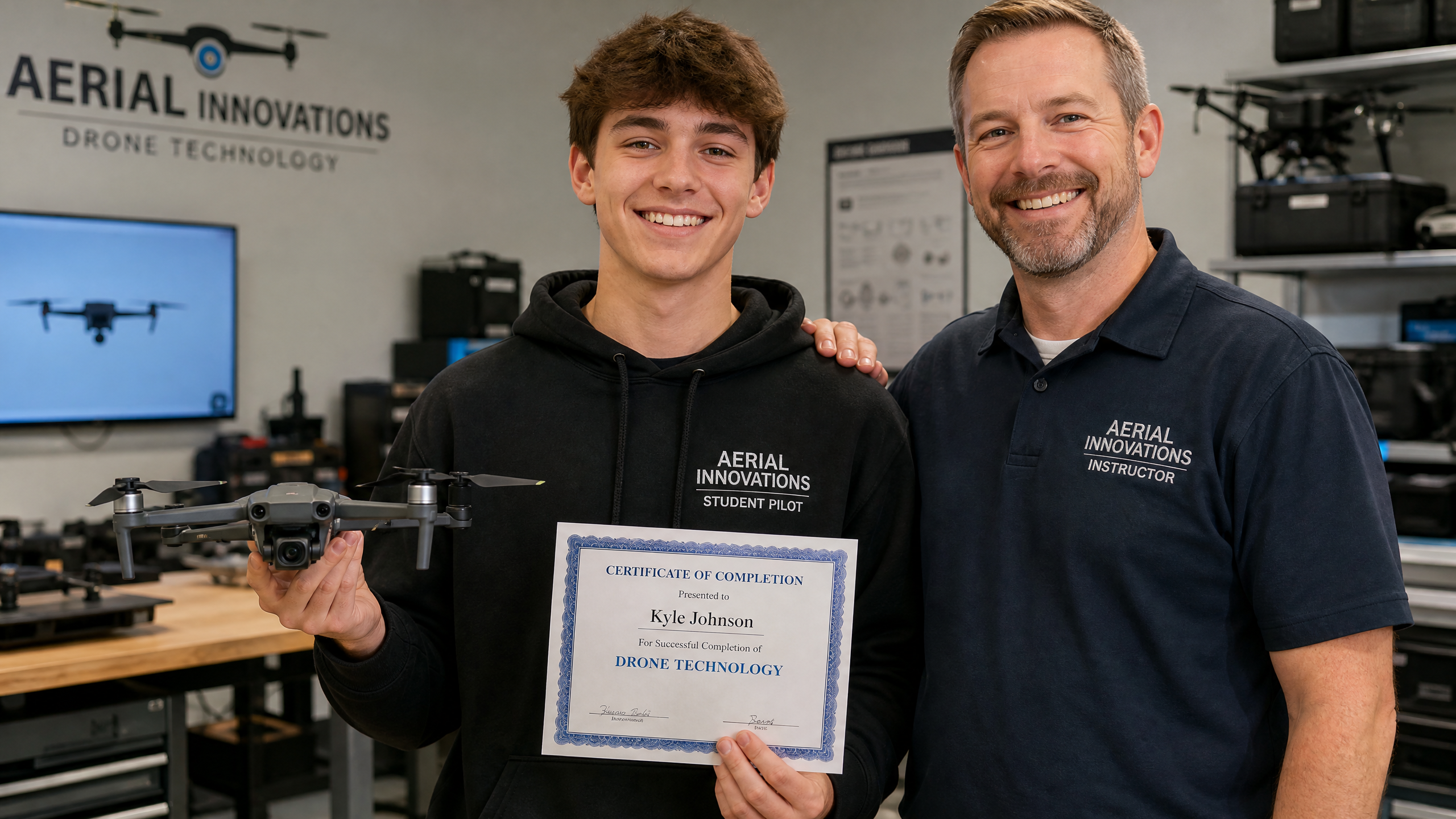 Proud high school student holding a drone and a certificate of completion alongside a teacher in a drone lab