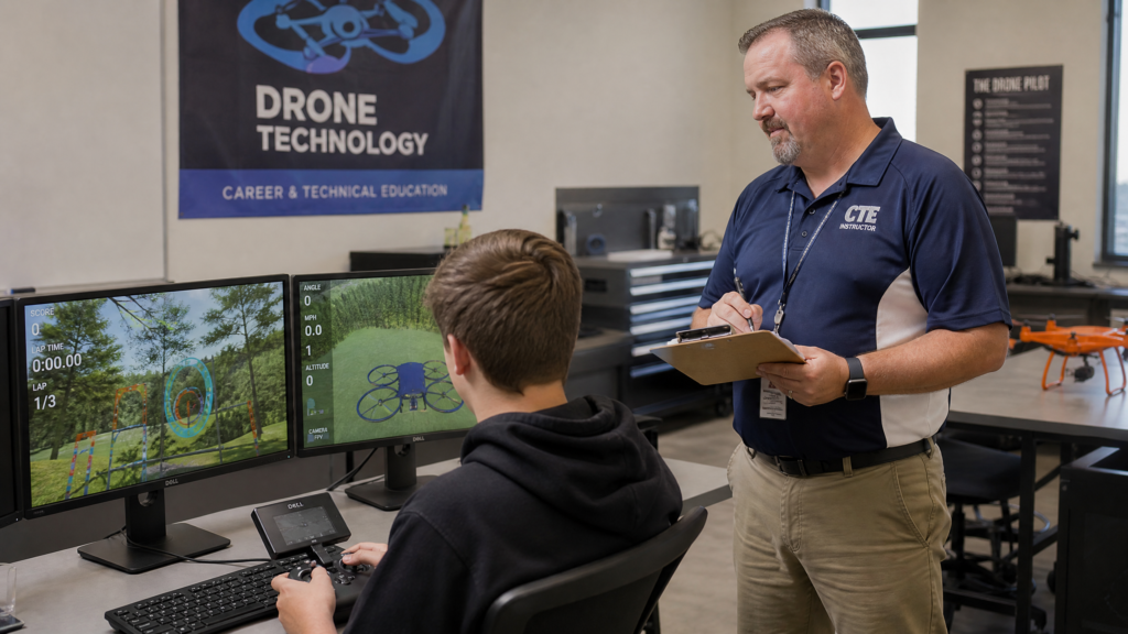 CTE instructor assessing a student operating a drone flight simulator in a Career and Technical Education classroom