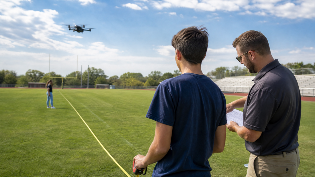 High school student measuring a drone flight path on a school field with a teacher