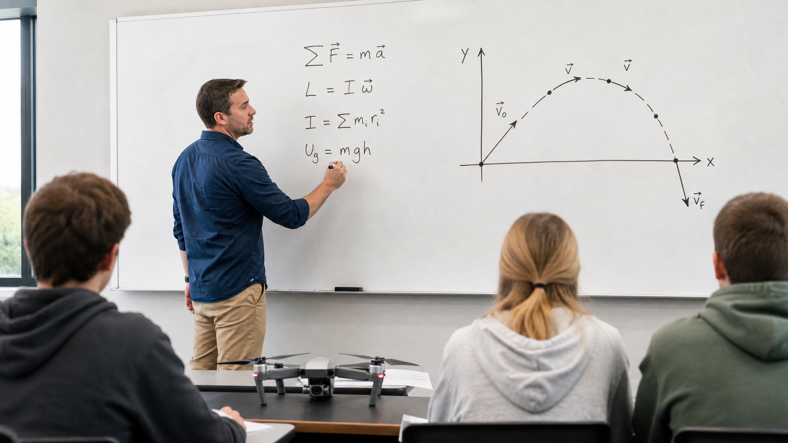 Physics teacher writing drone equations on a whiteboard with a drone on the desk