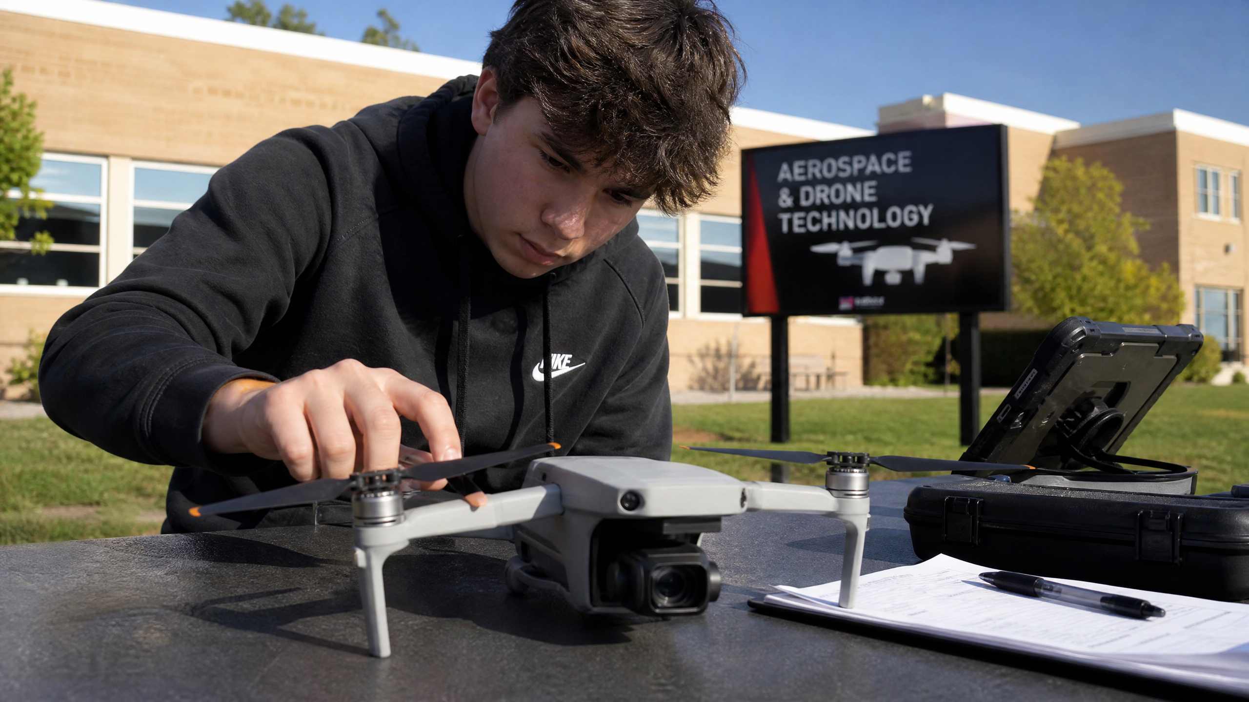 High school student completing a pre-flight safety checklist before operating a drone