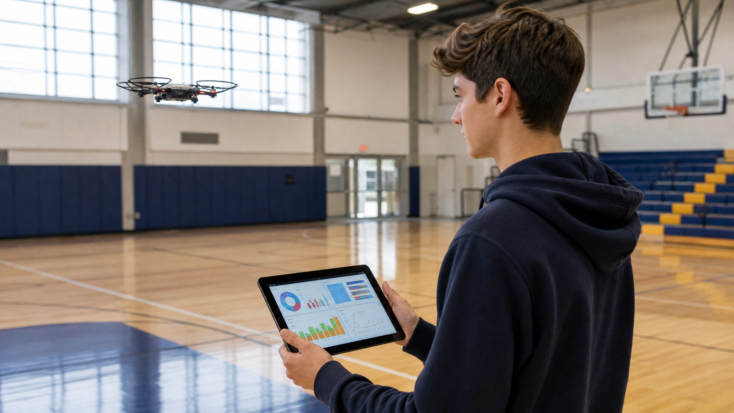 High school student analyzing drone telemetry data on a tablet in a gymnasium