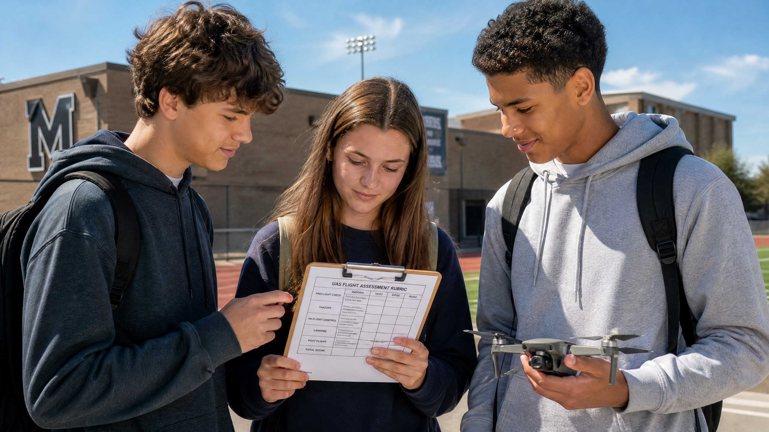Three high school students reviewing a UAS flight assessment rubric together before flying a drone