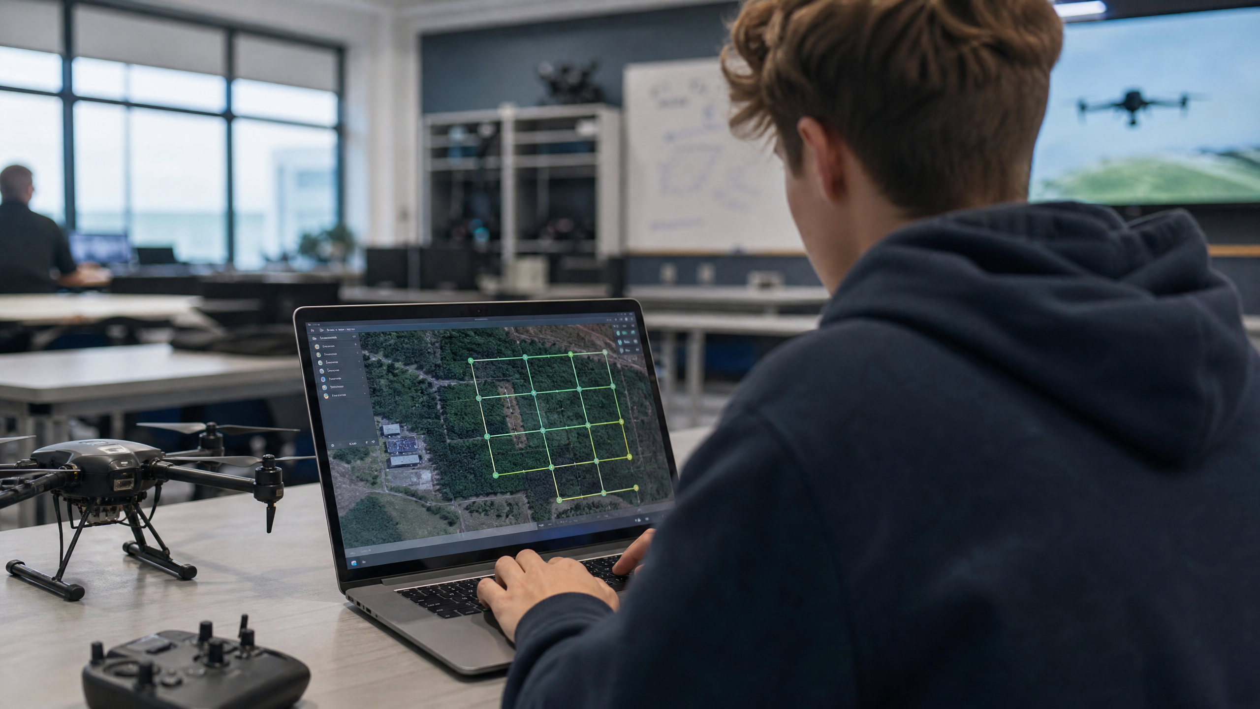 Student programming a drone flight path on a laptop in a STEM classroom