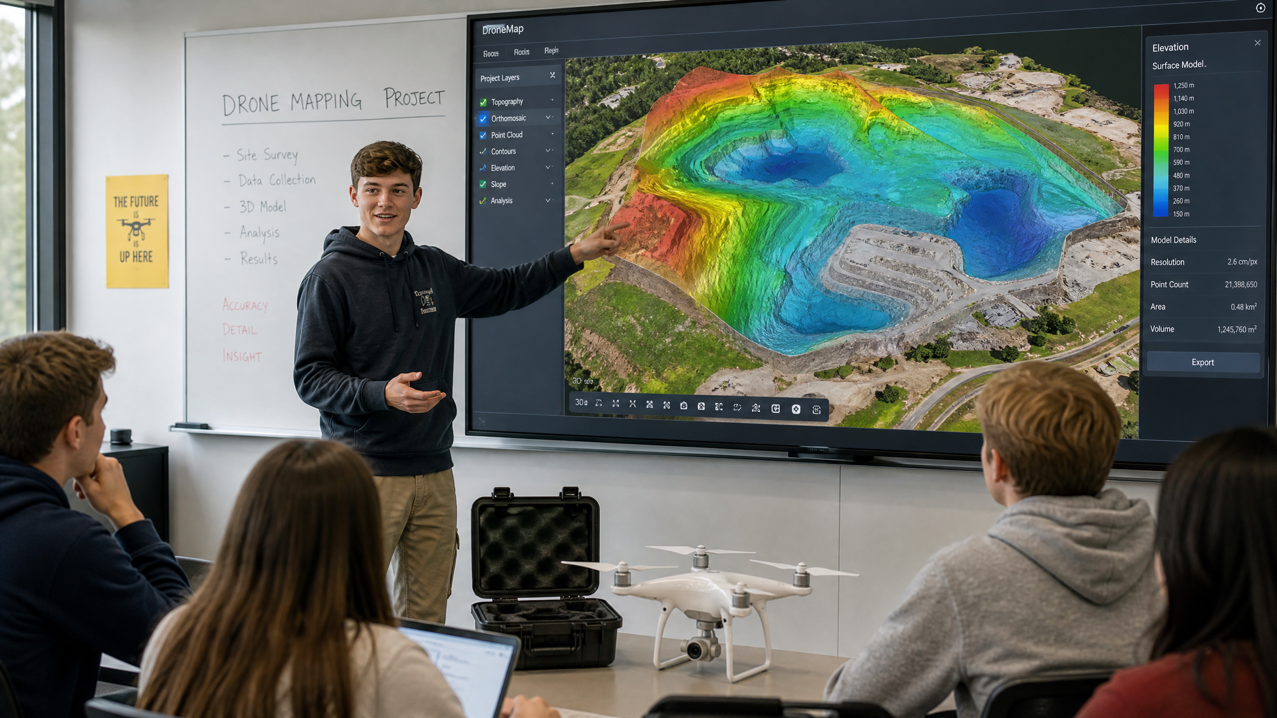 High school student presenting a completed drone mapping project to classmates on a smartboard
