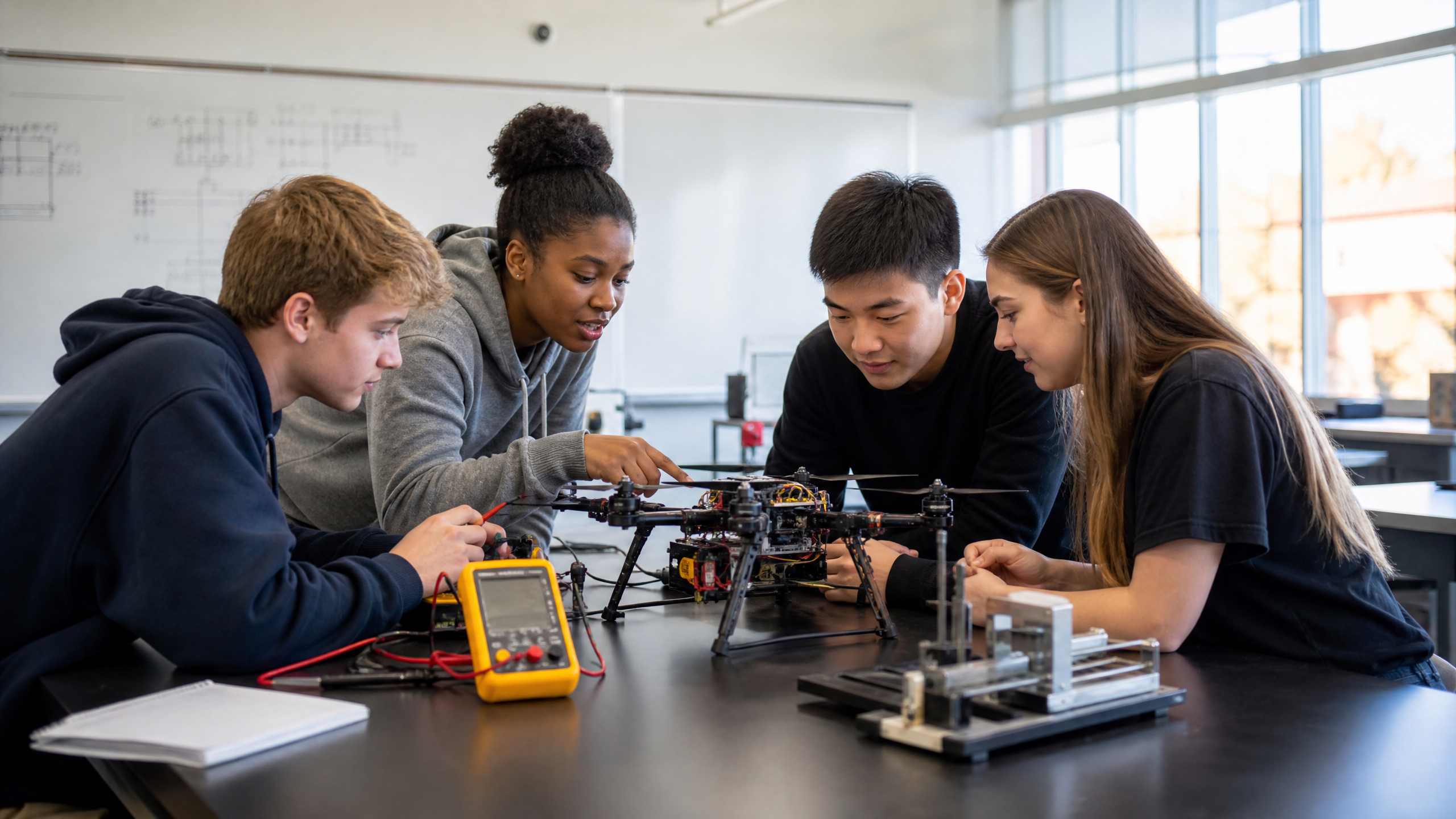 Diverse high school students examining a drone and measuring equipment in a physics lab