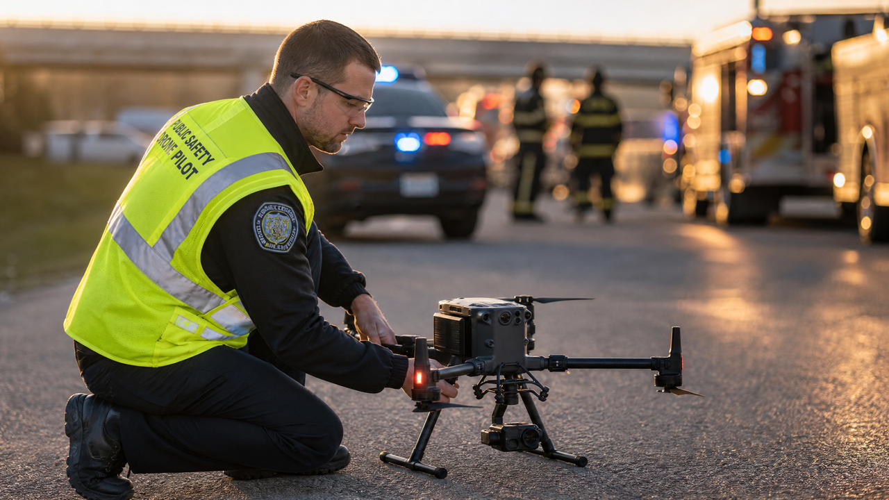 Public safety drone pilot in high-visibility vest preparing to launch a commercial drone at an emergency response scene