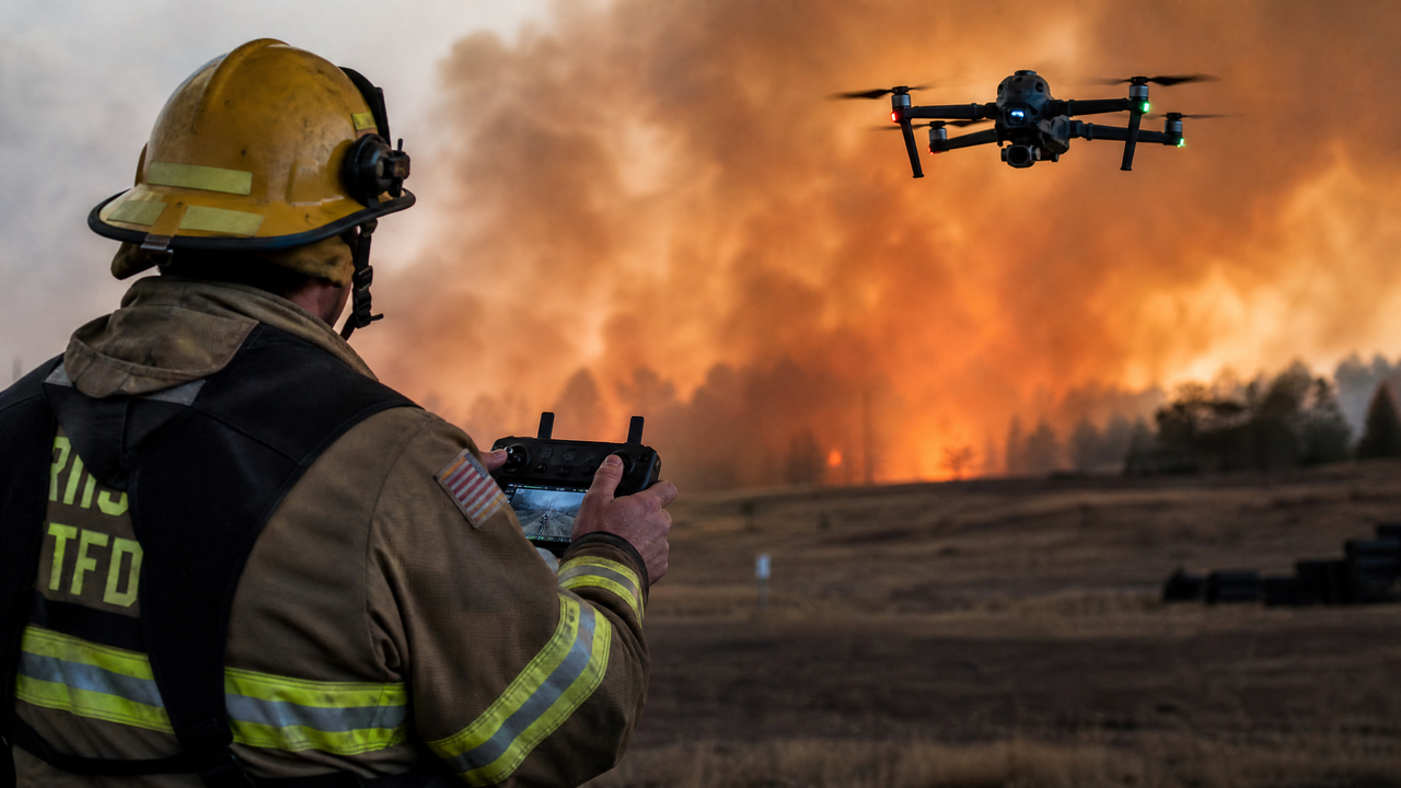 Firefighter in full turnout gear operating a drone remote controller with a wildfire in the background