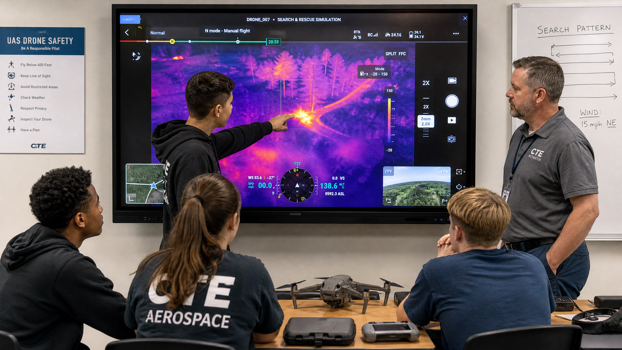 High school CTE students analyzing thermal imaging drone footage on a large classroom monitor during a search and rescue simulation