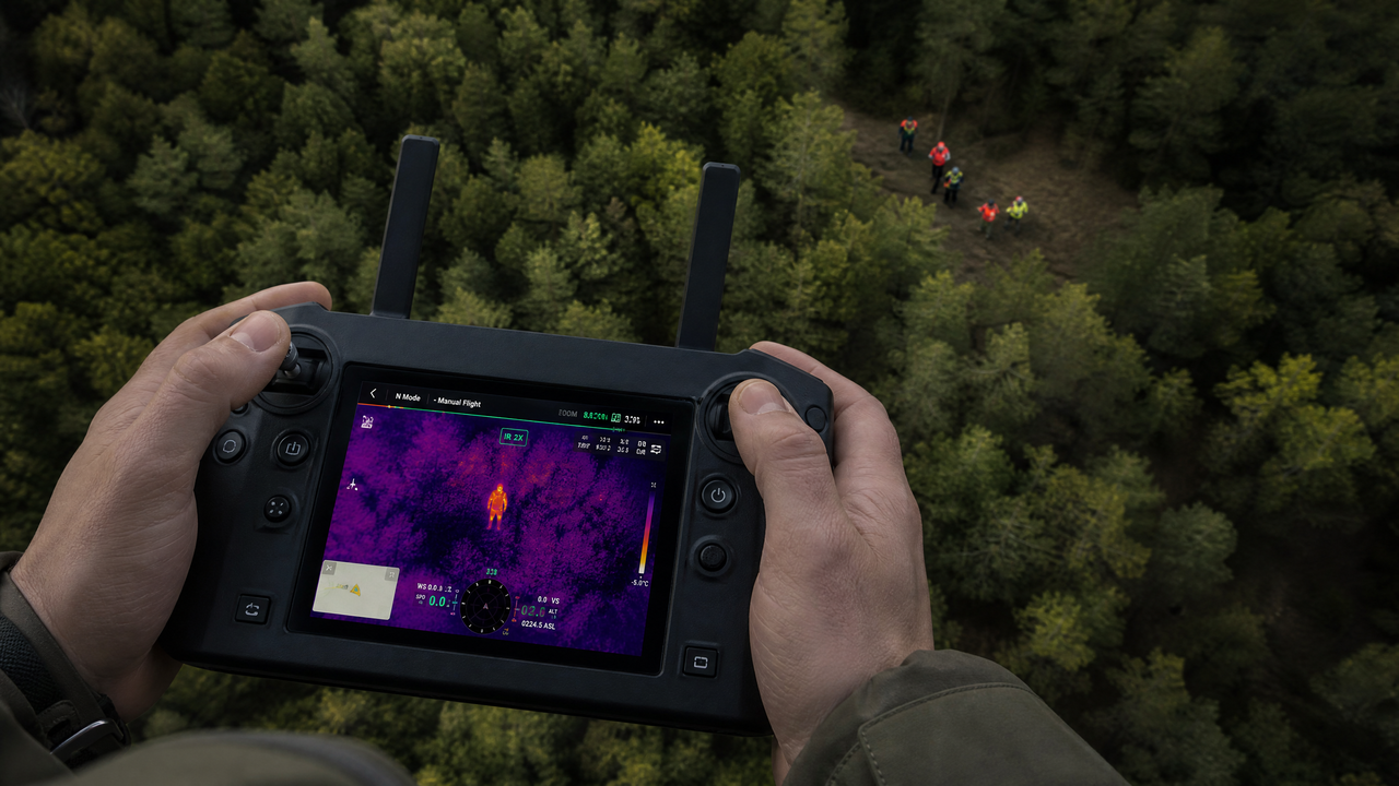 Drone controller screen showing thermal heat signature of a person during a forest search and rescue operation