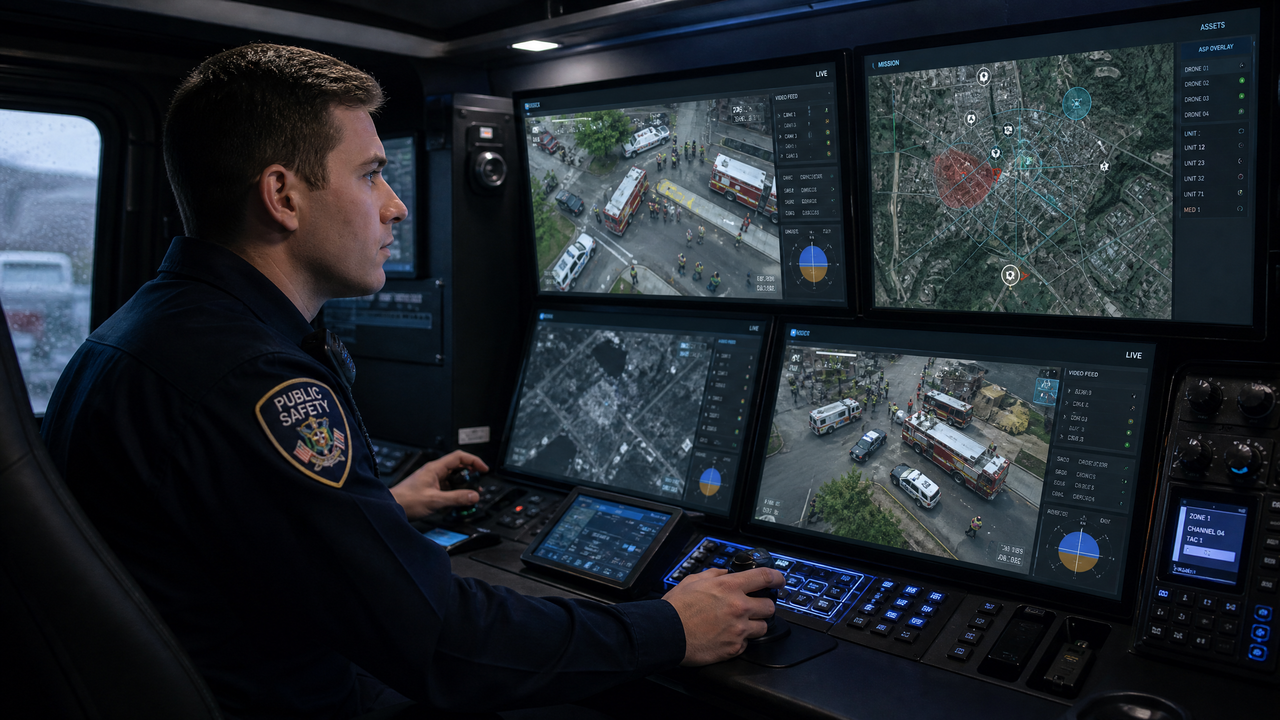 Young public safety professional operating a multi-screen drone command station inside a mobile response vehicle