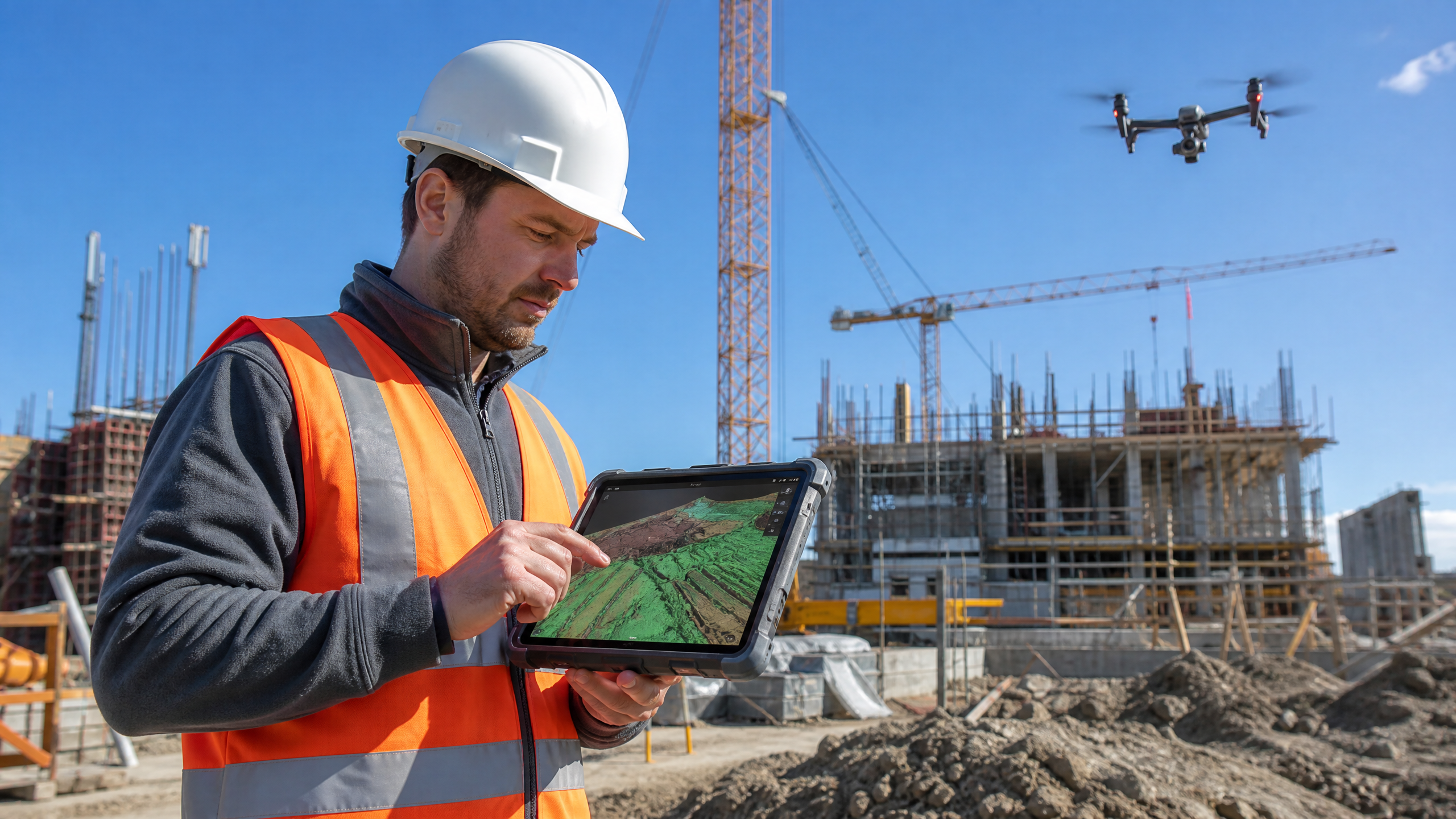 A drone pilot in high-visibility gear reviewing a 3D topographic map on a rugged tablet at a construction site