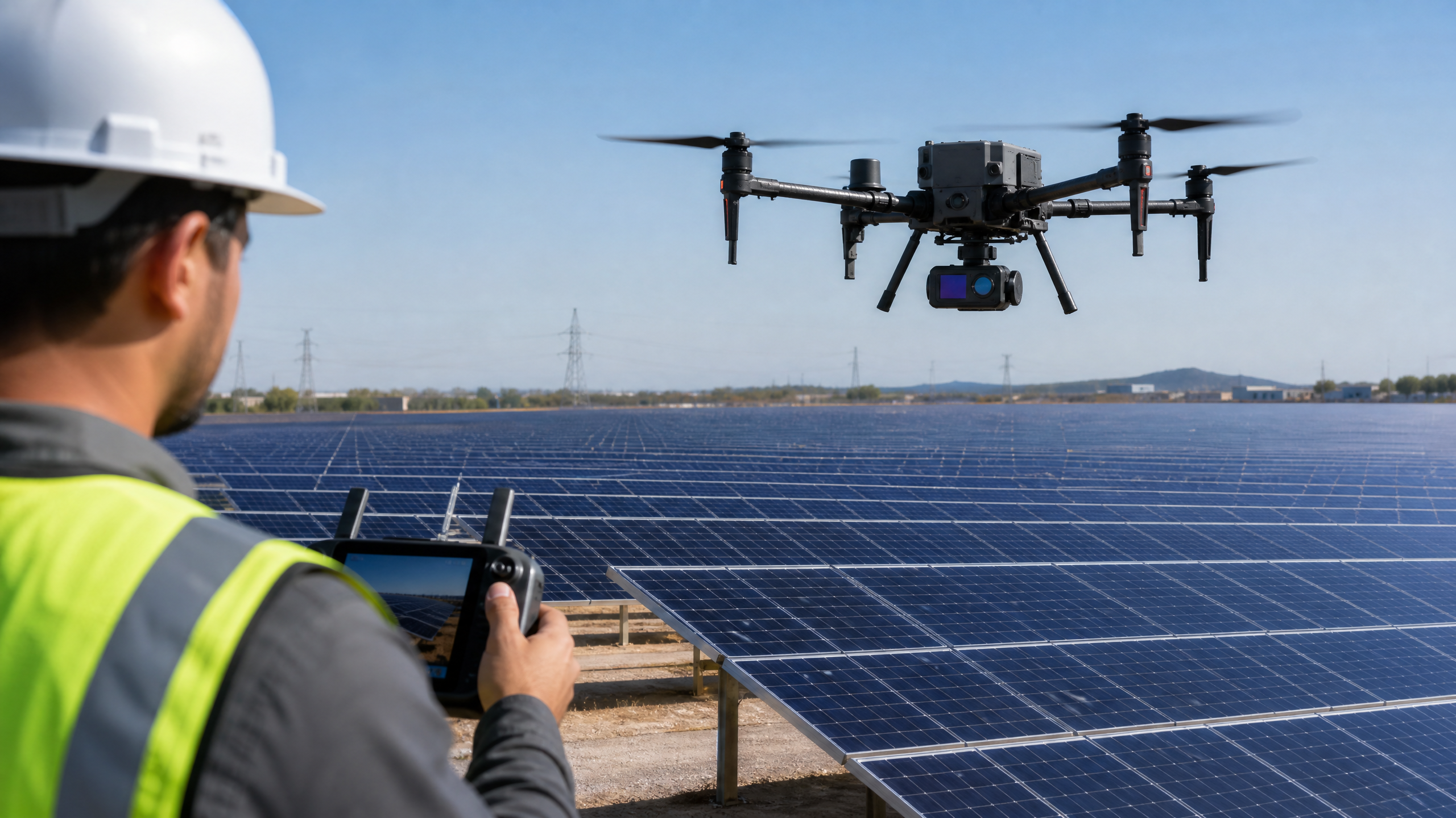 A commercial drone with a thermal camera inspecting solar panels at an industrial facility