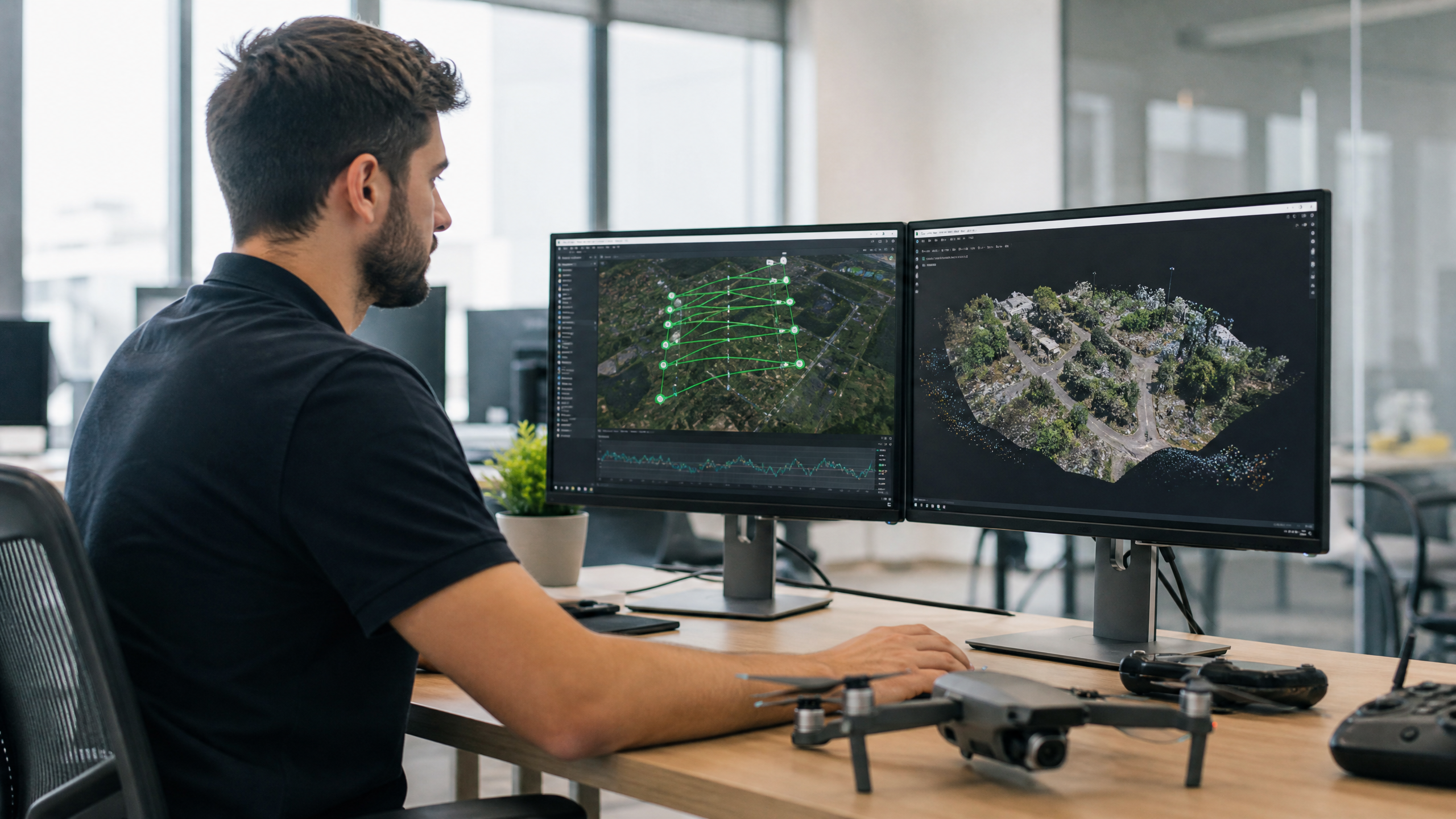 A young professional drone pilot analyzing flight data and 3D models on dual monitors in a corporate office