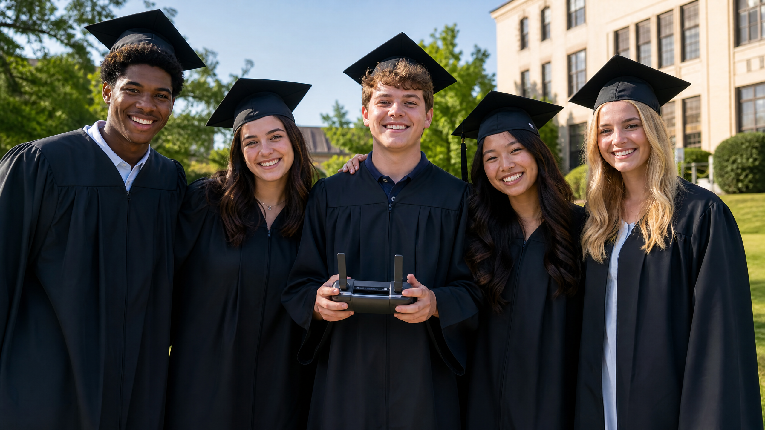 Diverse graduating high school students in caps and gowns holding a drone remote controller