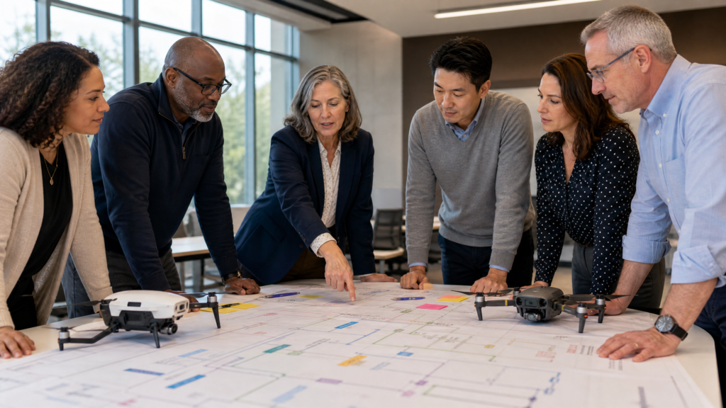 CTE and community college leaders planning a high school drone career pathway