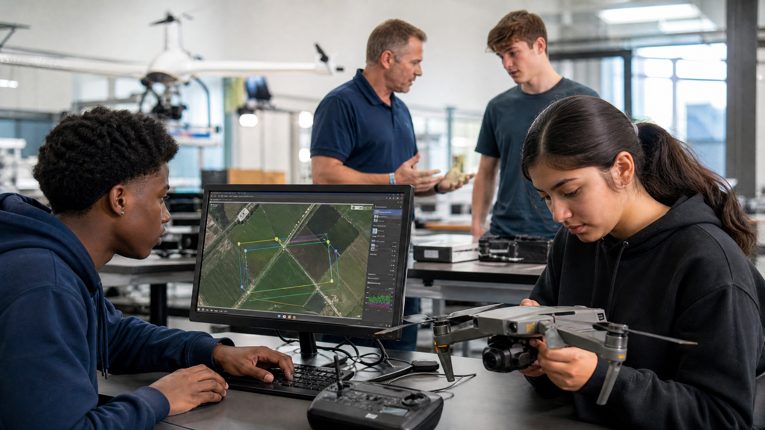 High school and community college students collaborating in a drone mapping lab