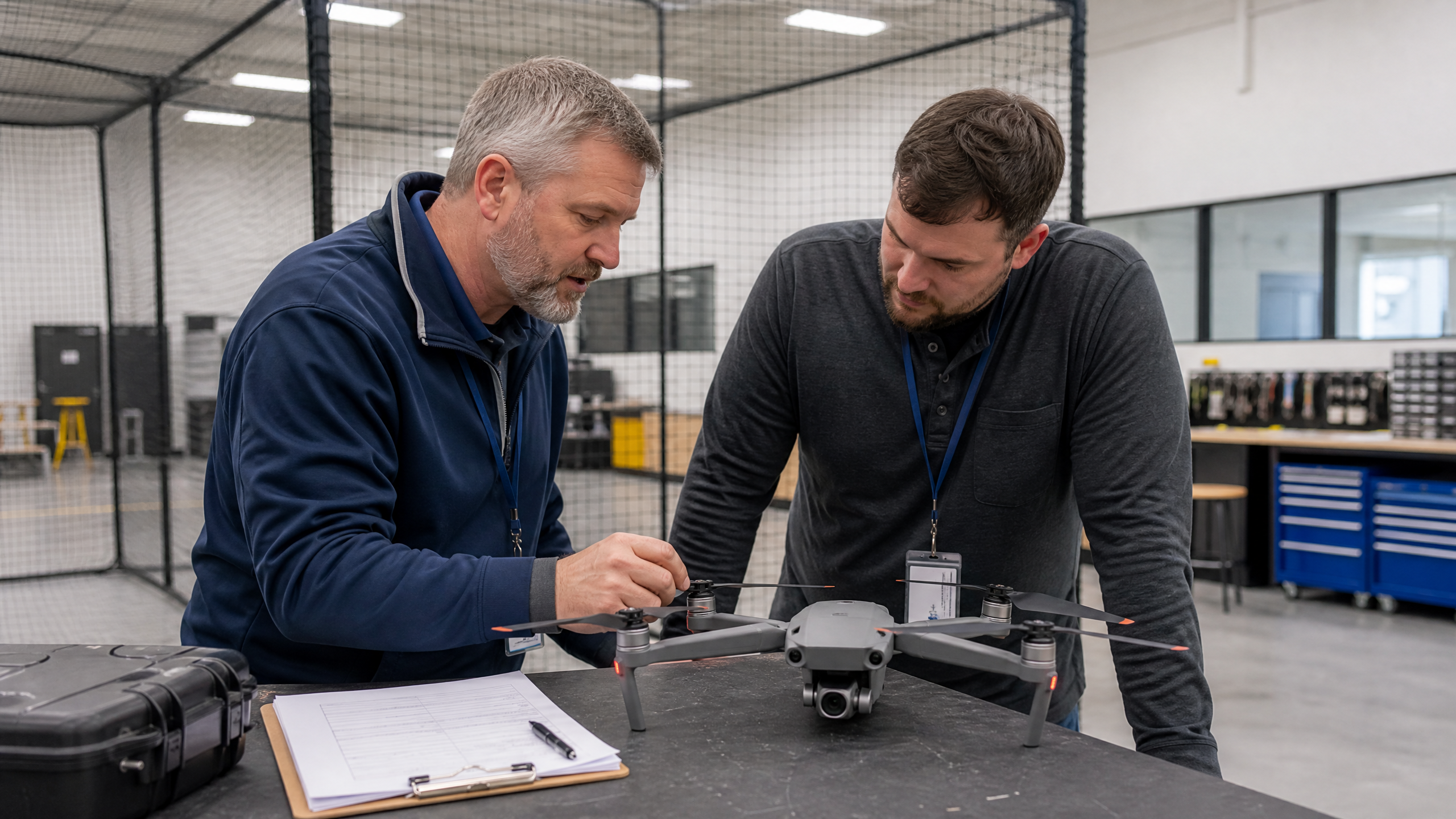 Community college instructor coaching a CTE teacher through drone preflight inspection