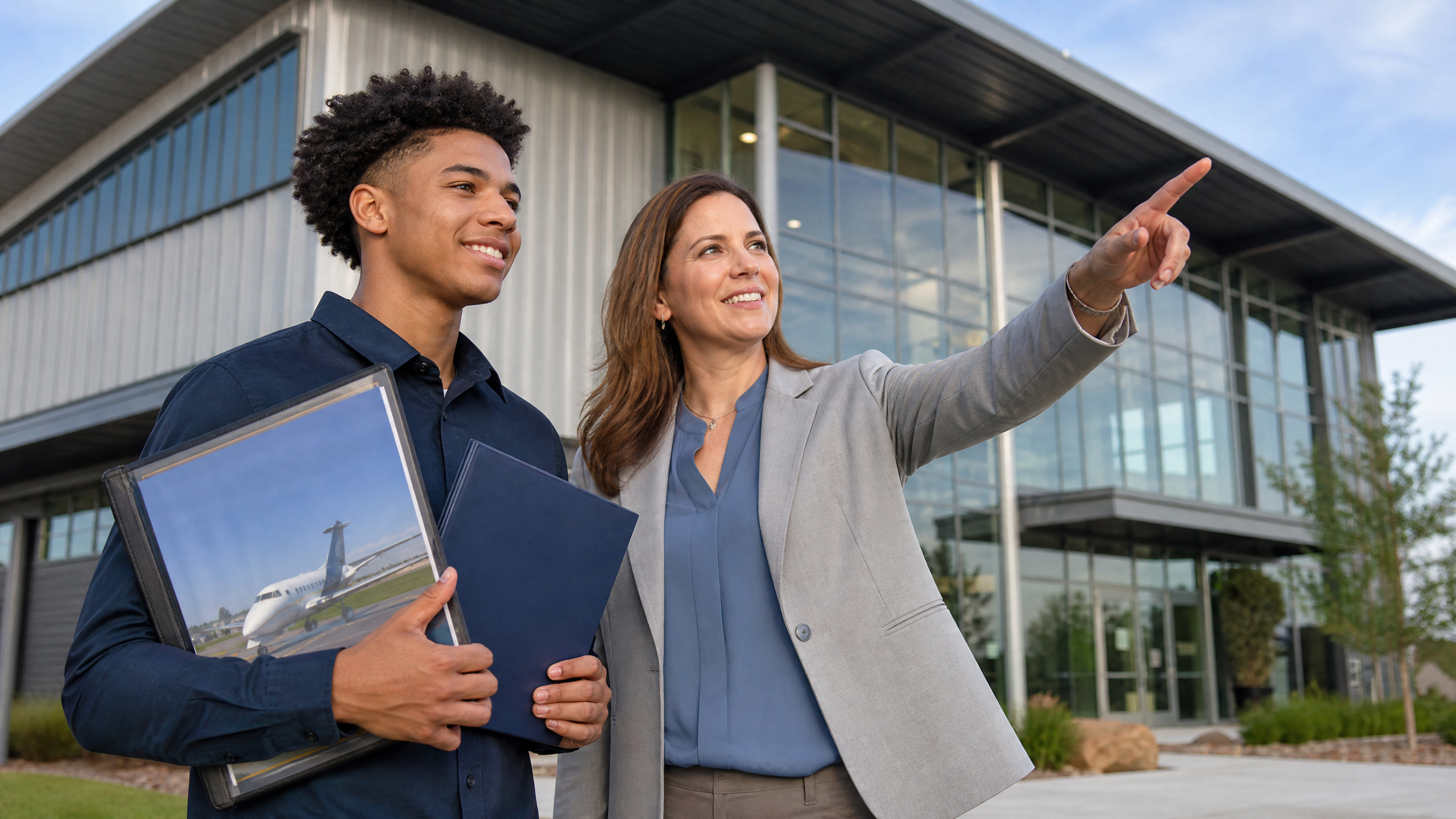 Graduating high school student meeting a community college advisor in an aviation pathway