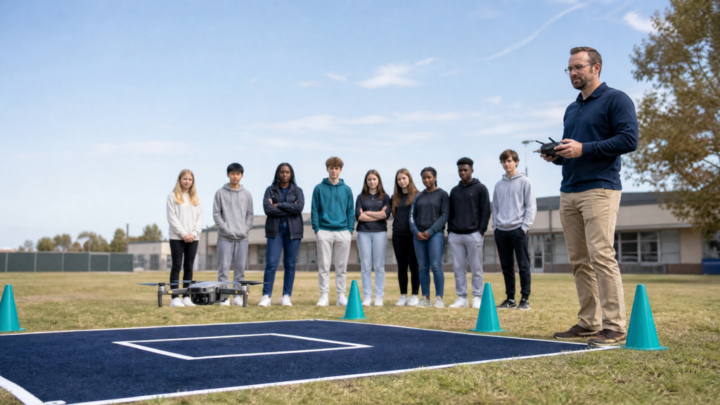 CTE teacher supervising students during a safe school drone exercise