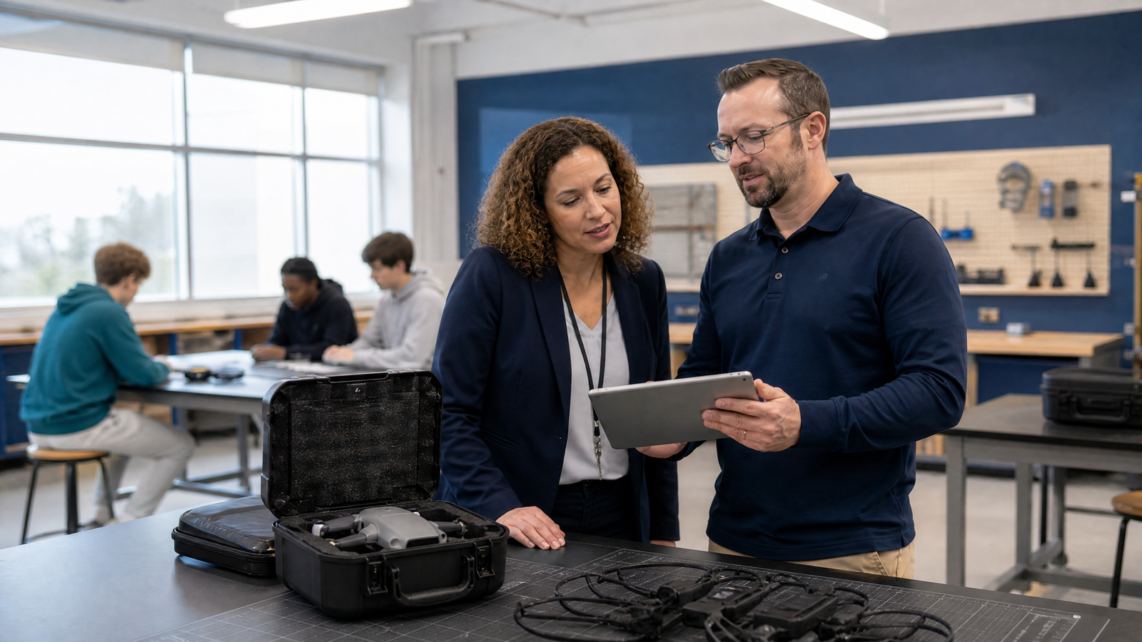 School administrator and CTE teacher reviewing drone flight planning
