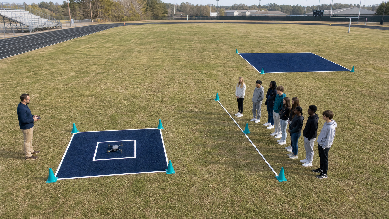 Marked school drone flight area with students in a designated observer zone