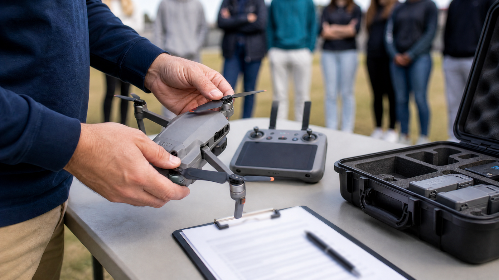 Teacher completing a preflight inspection on a classroom drone