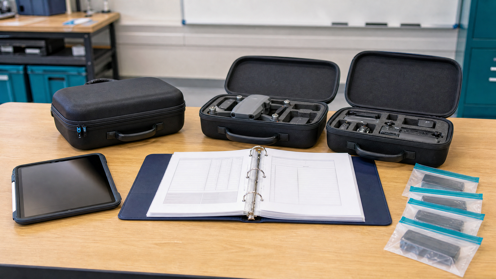 Organized school drone program safety binder and equipment