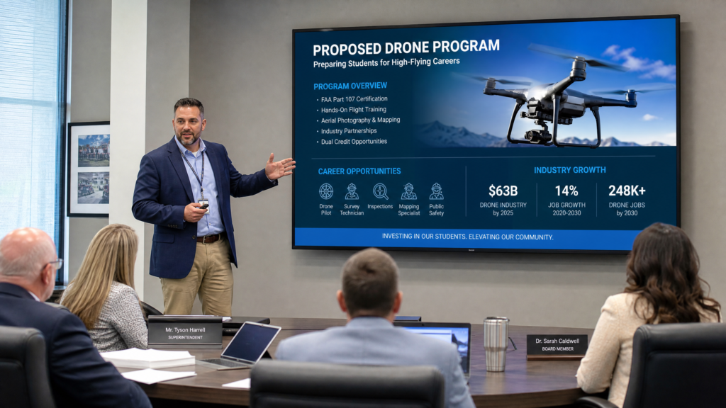 CTE director presenting a drone program proposal to a school board in a modern boardroom