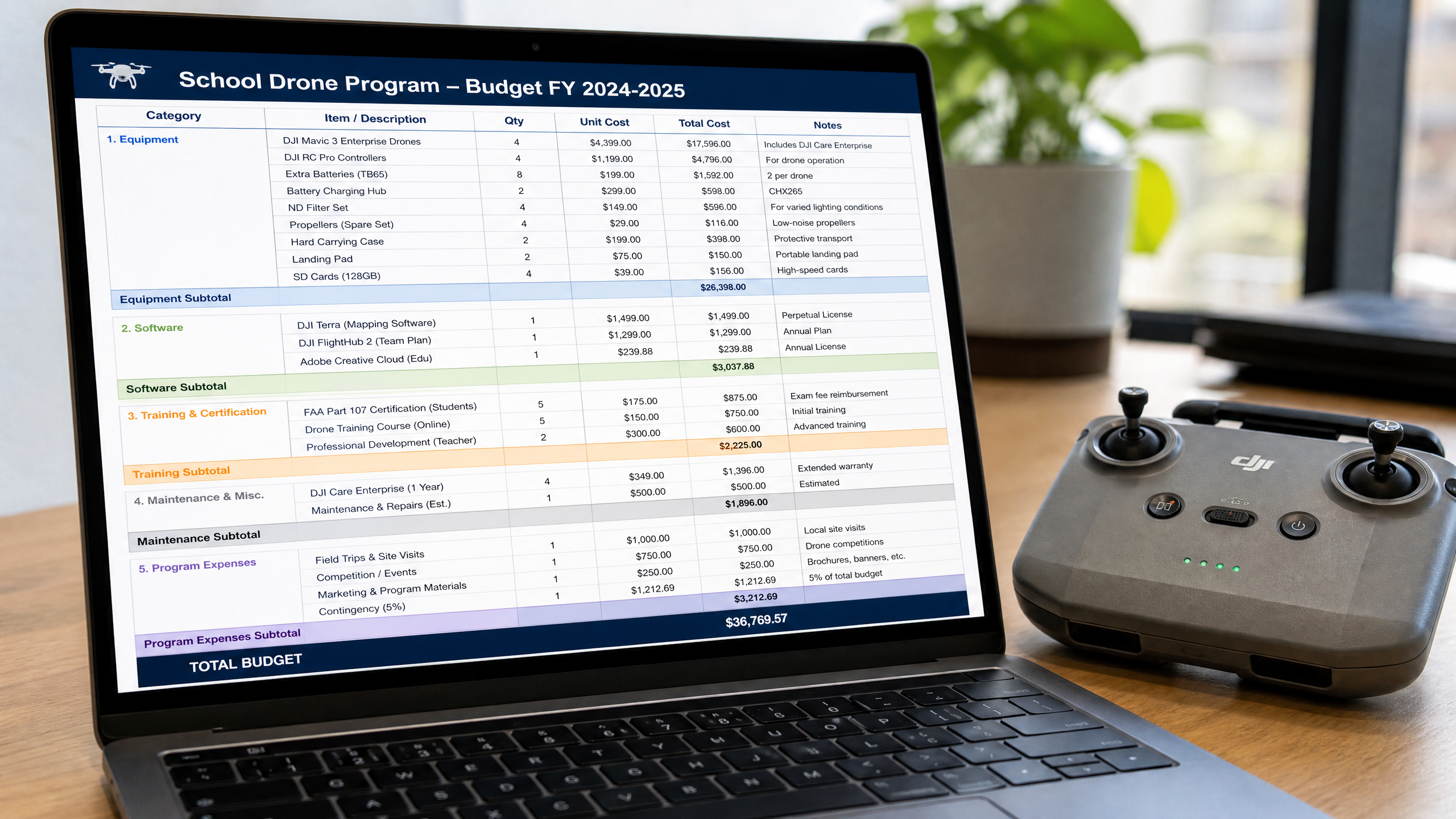 School drone program budget spreadsheet on a laptop screen next to a DJI drone controller