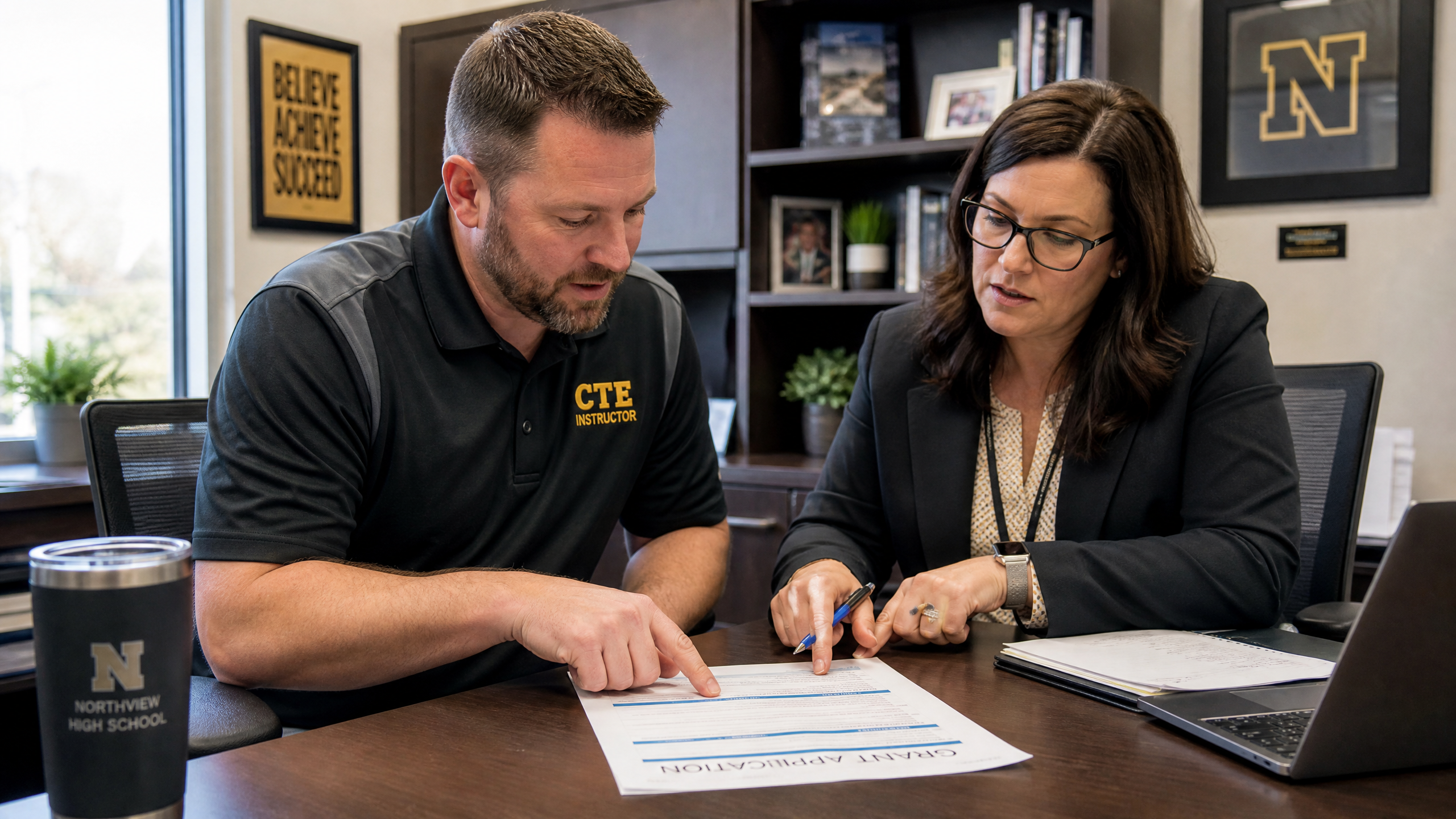 CTE instructor and school administrator reviewing a grant application document together in an office