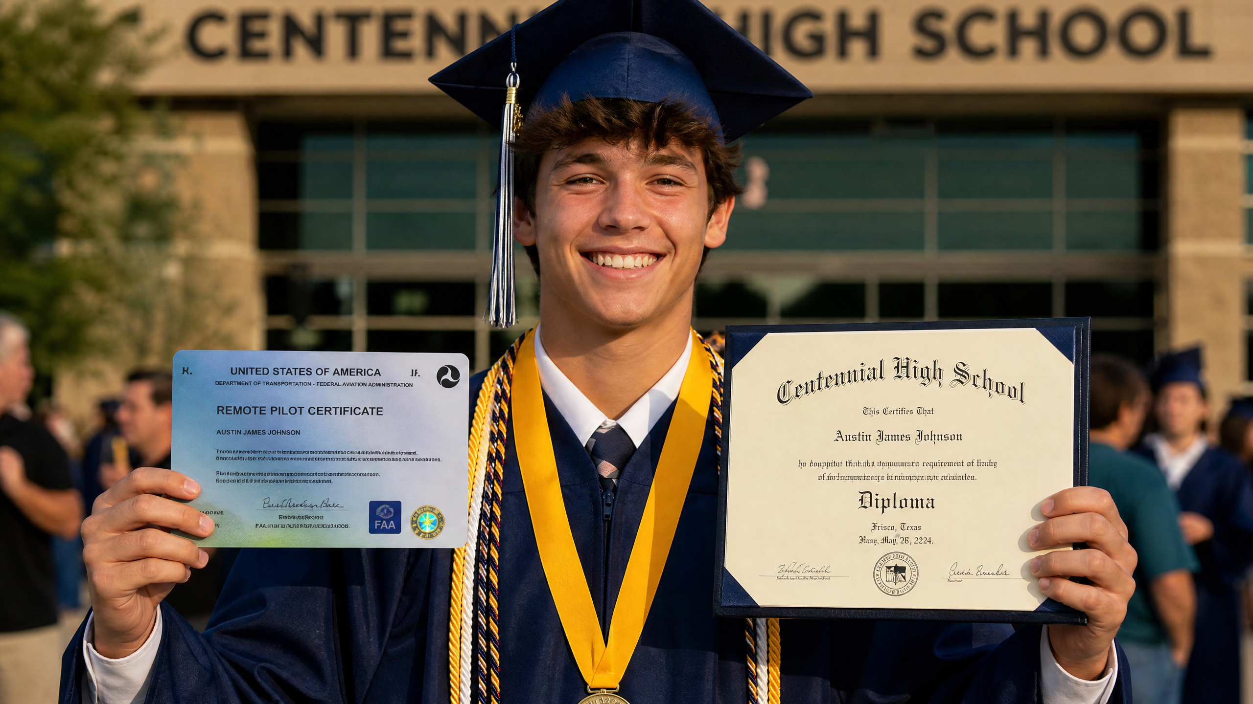 Graduating high school student holding FAA Remote Pilot Certificate and diploma outside school building