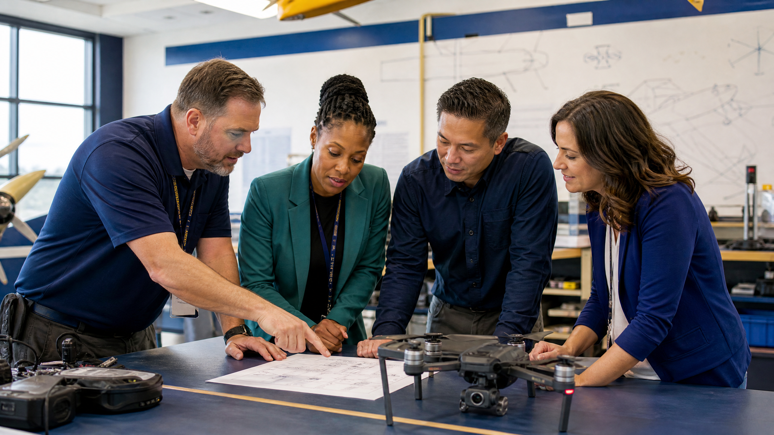 CTE leaders and drone industry advisors collaborating in a modern high school aviation lab