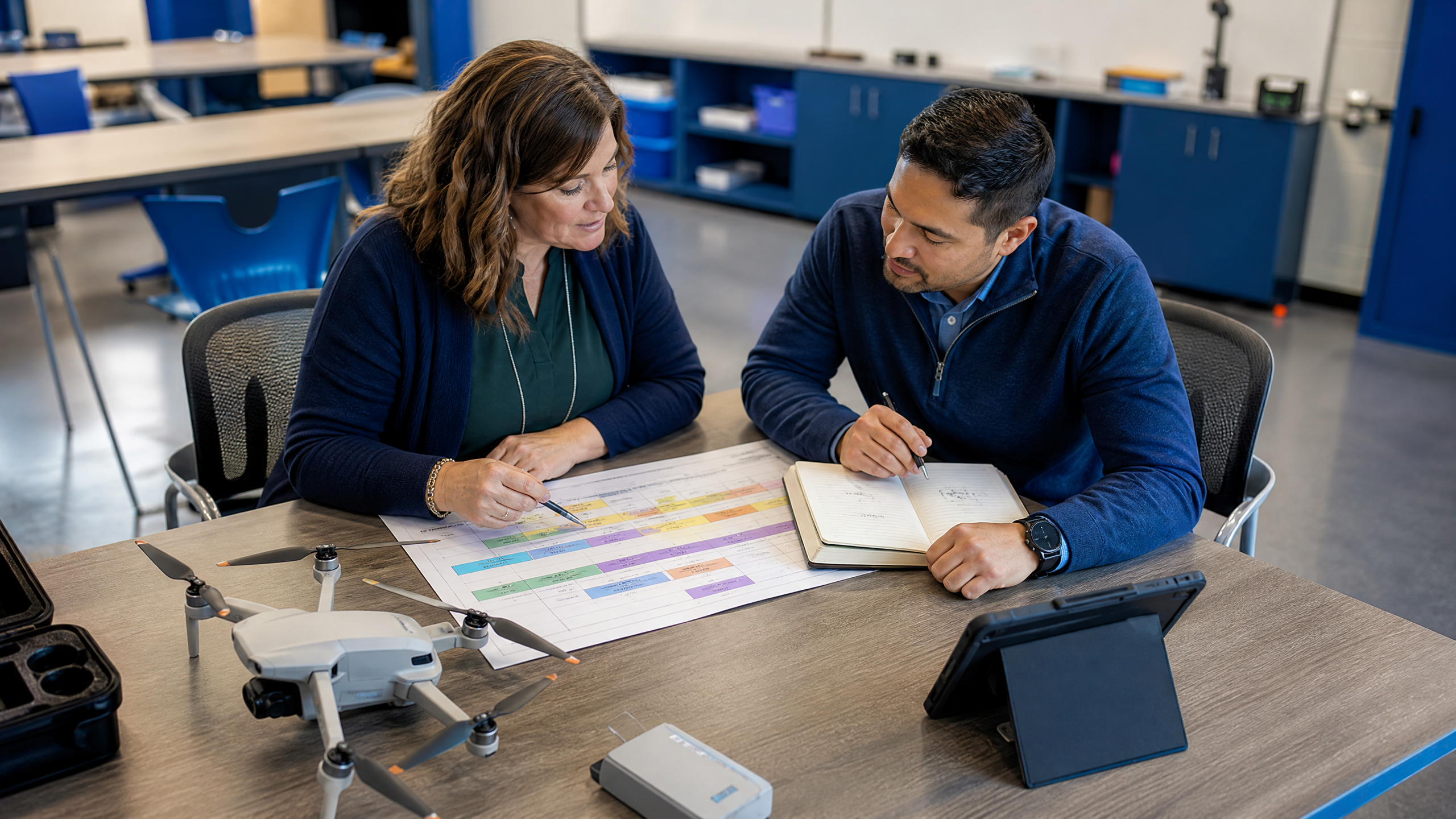 CTE director and surveying professional reviewing a drone curriculum map on a table