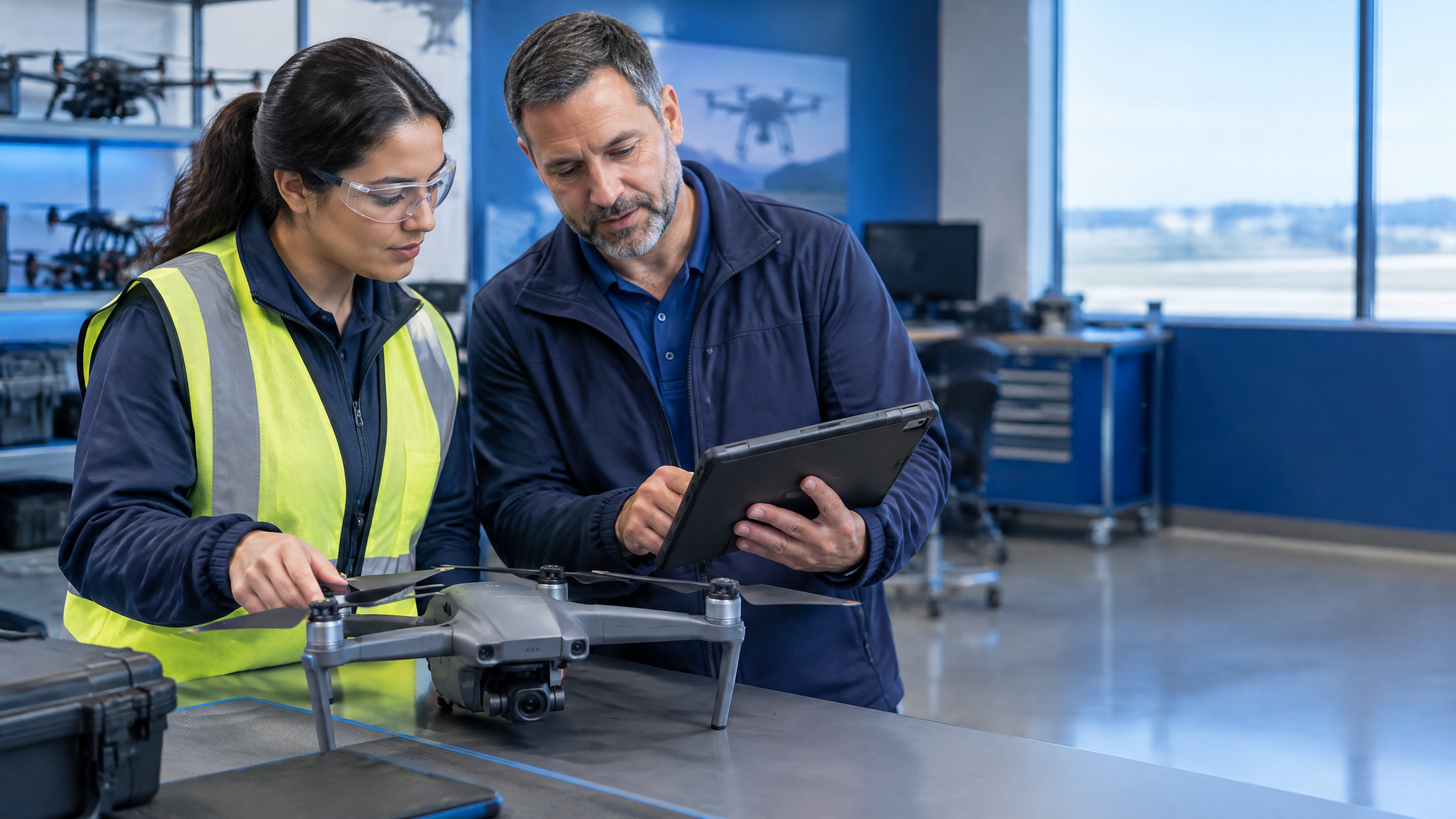 CTE educator and industry mentor reviewing a drone in an aviation lab