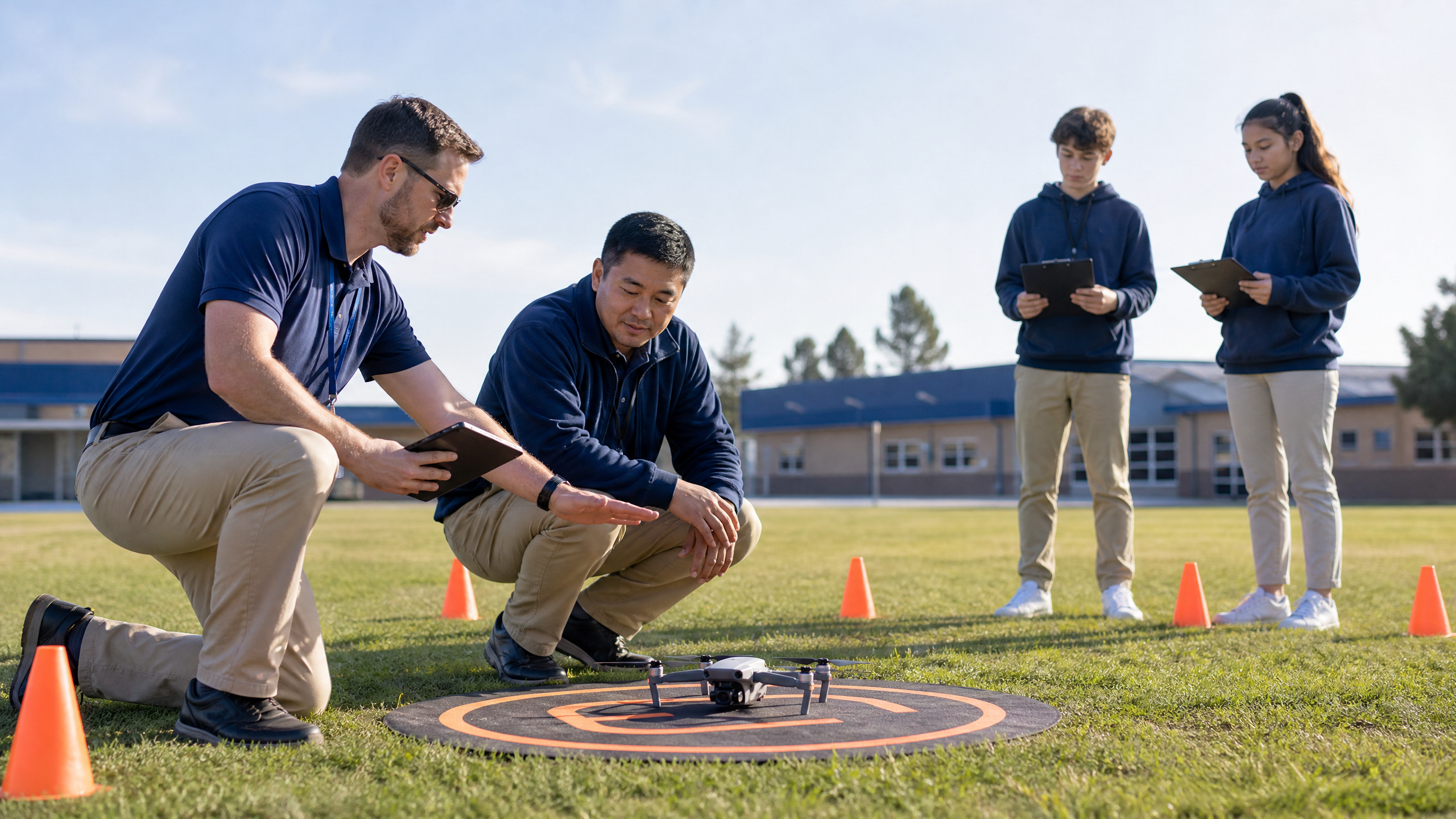 Teacher and drone industry mentor supervising safe outdoor UAS flight practice