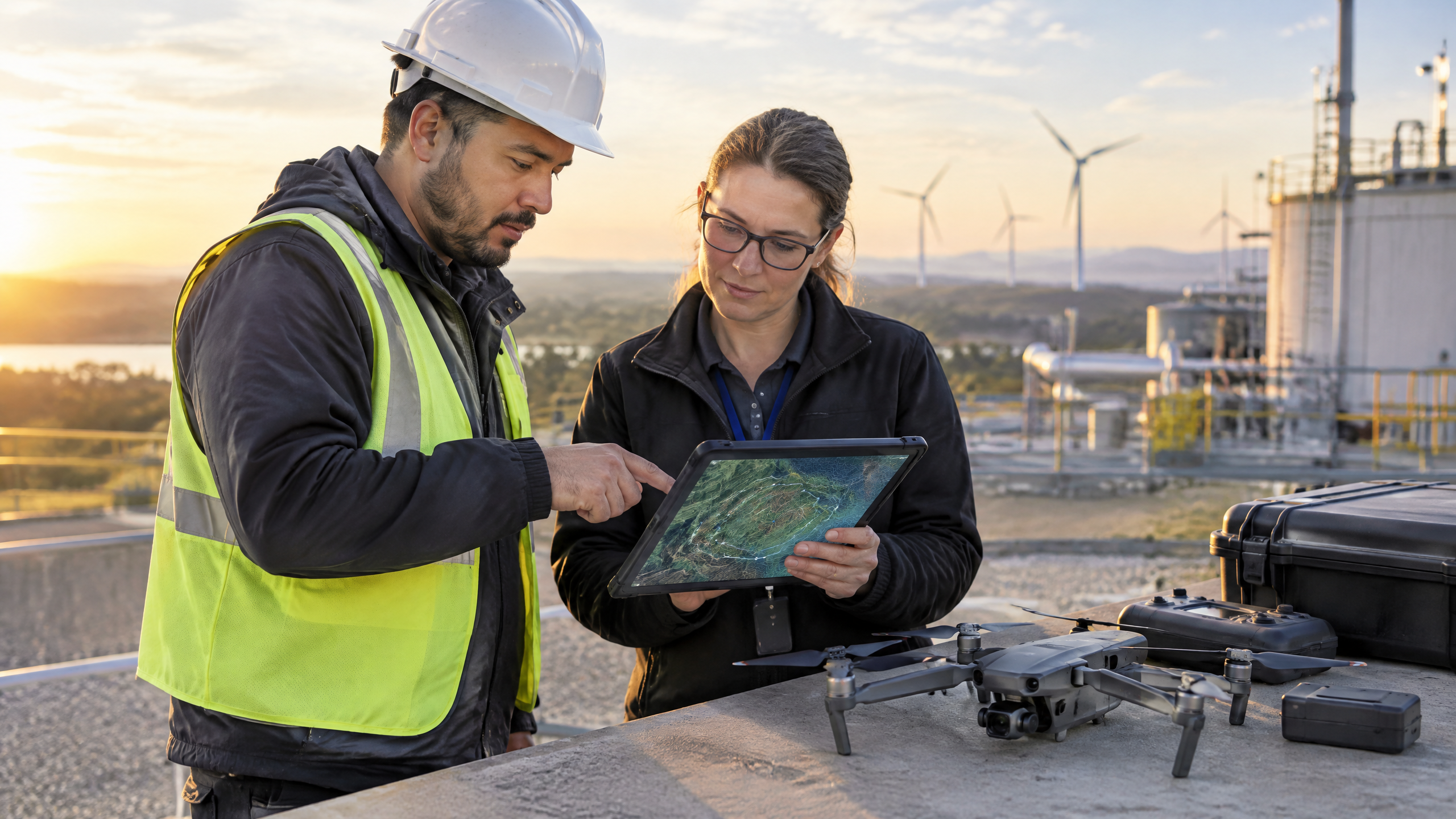 Drone technician and CTE educator reviewing a mapping mission plan