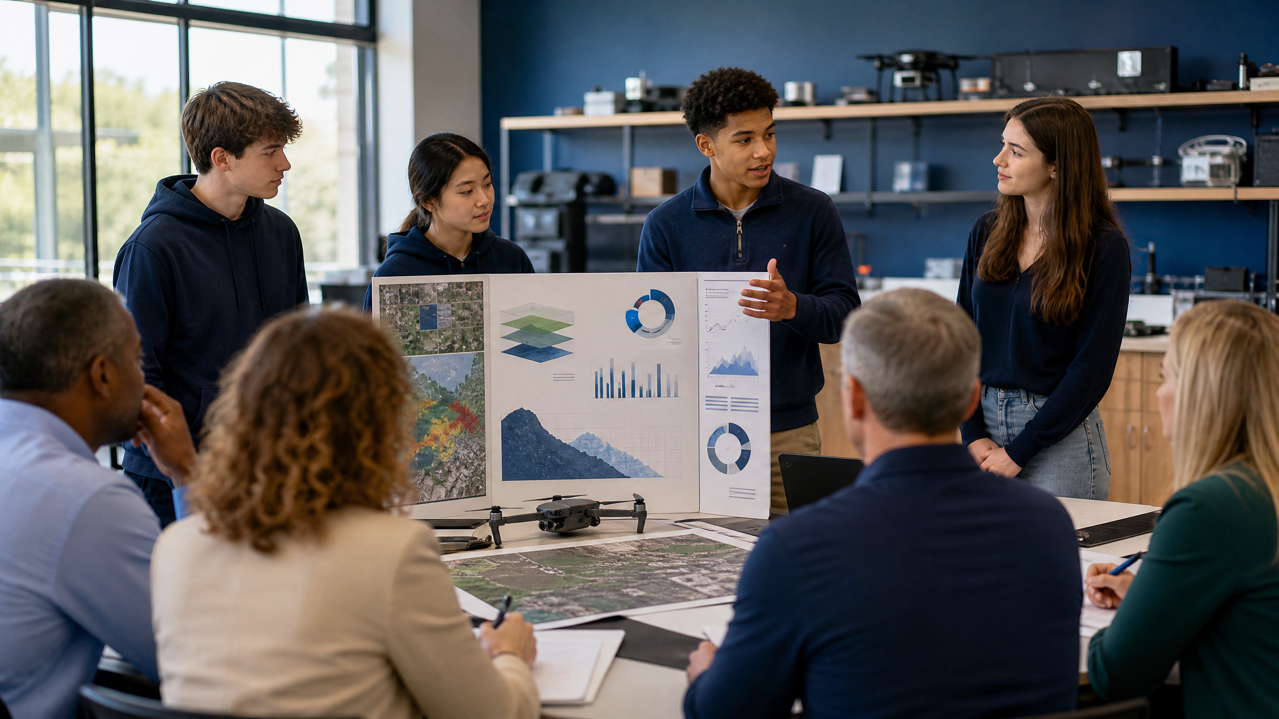 Diverse student team presenting a drone mapping project to a panel of professionals and educators