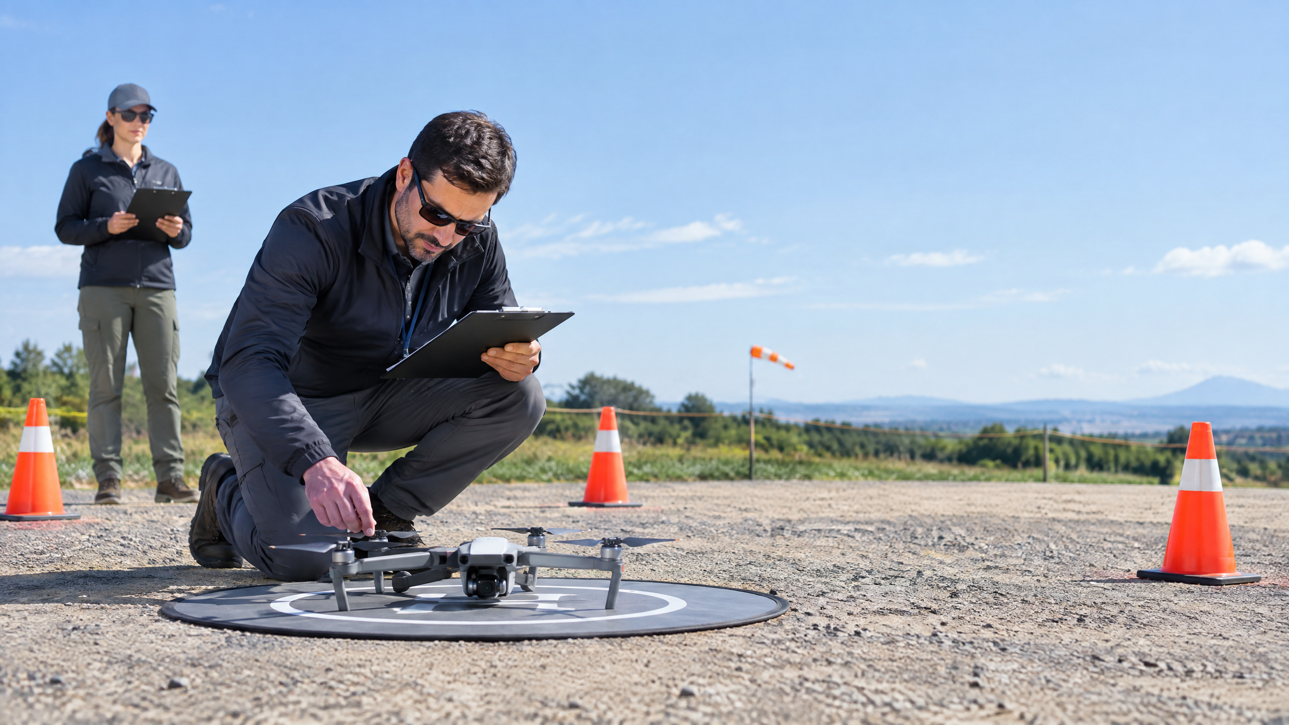 Aviation instructor completing a drone preflight inspection