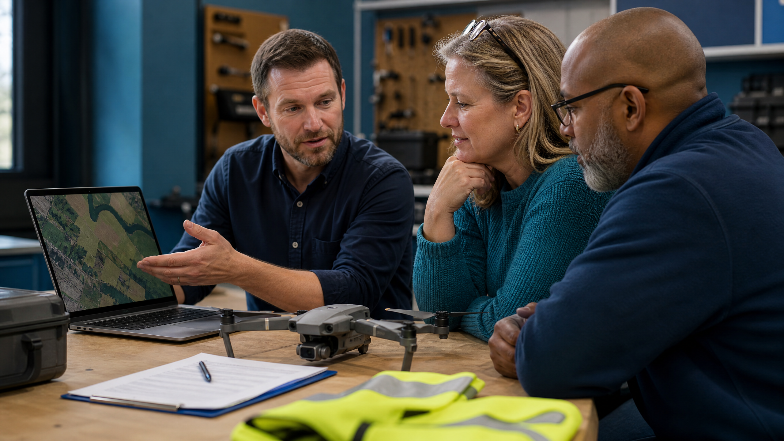 Employer advisor demonstrating drone data collection workflow with educators in a school lab