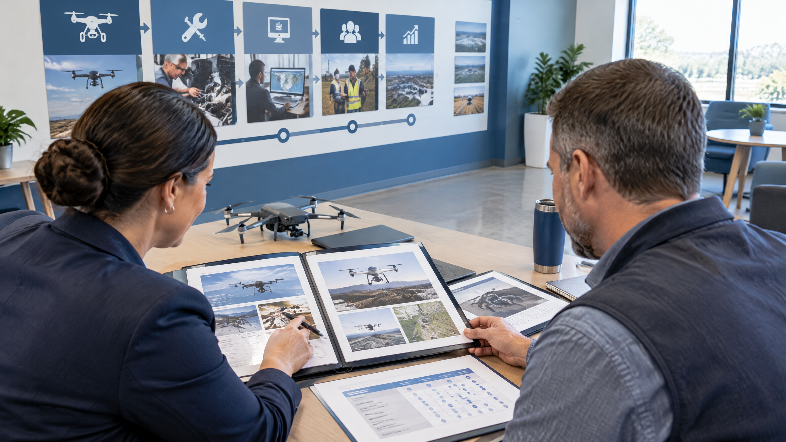 CTE director and employer partner reviewing drone project portfolios